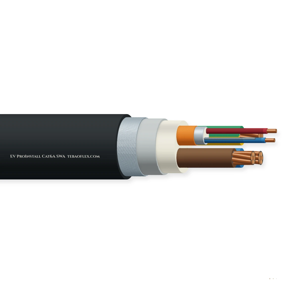 Armoured LSZH EV Charge-Point Power and Cat6A Hybrid Cable — horizontal cutaway