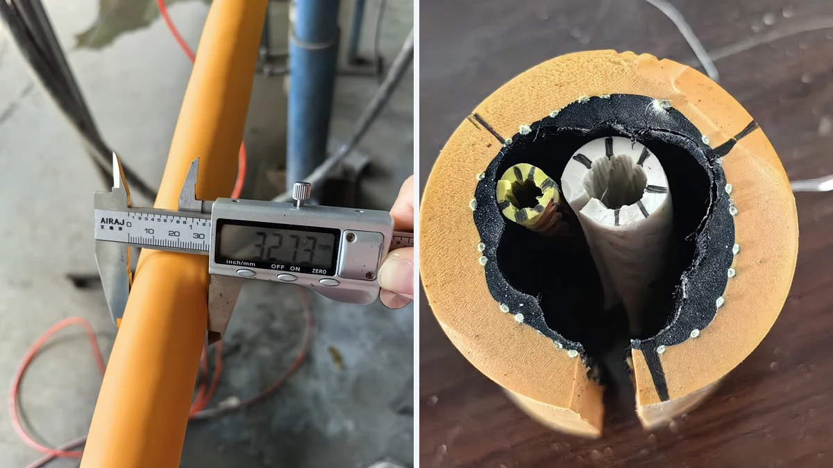 Pie de rey digital que muestra 32.73 mm junto a una muestra de cable pelada y marcada para inspección de espesores
