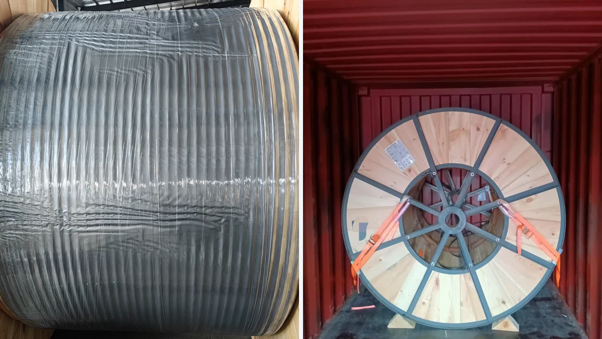 Bobina de cable embalada y bobina de madera con armazón de acero aseguradas con cinchas naranjas en el interior de un contenedor
