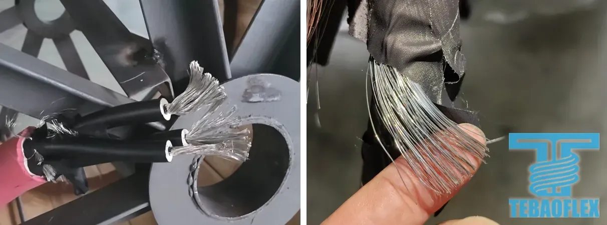 On the left three cores with stripped, silver-coloured tinned conductor strands, on the right silver tinned copper braid wires pulled back from a core