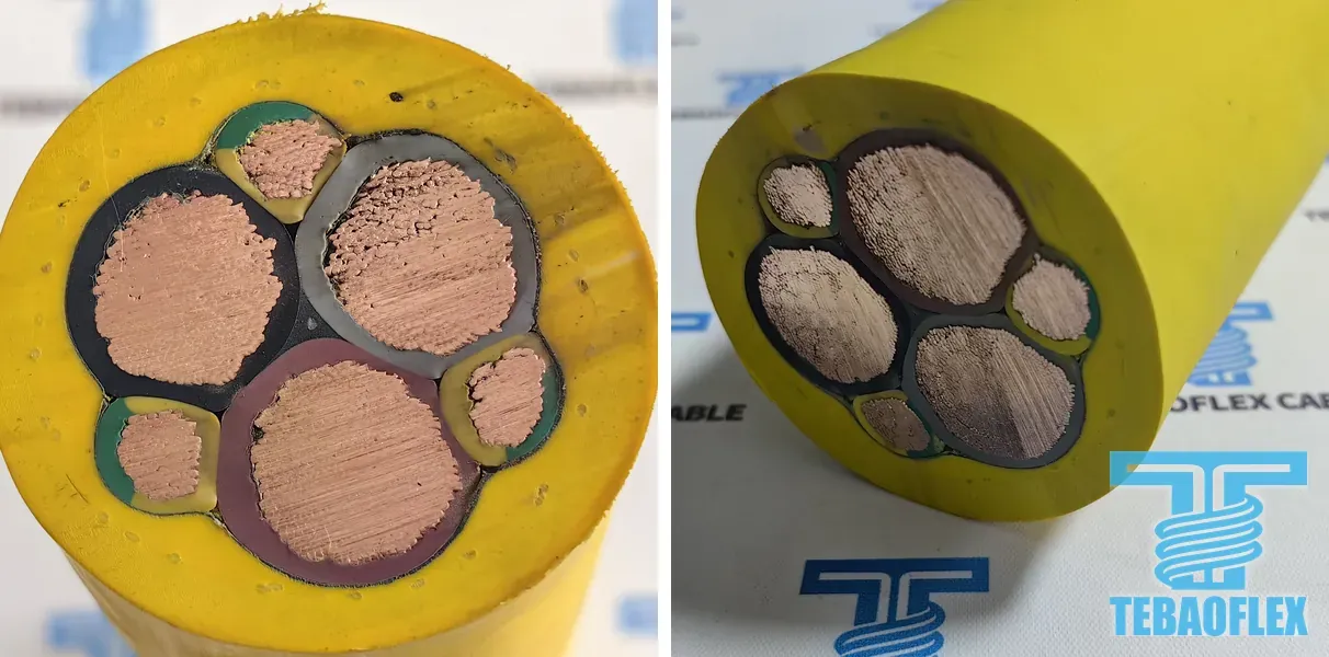 Two cut cable ends side by side, the smaller 3x70+3x35/3 cable on the left and the larger 3x185+3x95/3 cable on the right, each with three power cores and three green-yellow earth cores in yellow rubber